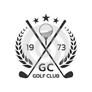 Golf club logo, badge or icon with crossed golf clubs and ball on tee. Vector illustration.